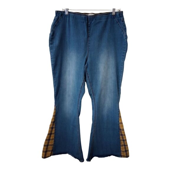 Cato Womens 14 Stretch Denim Jeans Boho Flare Plaid Retro Bell Bottom Hippie - Picture 1 of 11